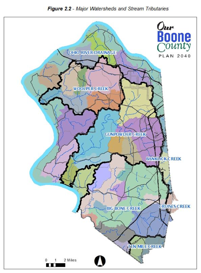 Figure 2.2 Major Watersheds and Stream Tributaries. A Map of Boone County showing the major Watersheds with their names and boundaries, with various stream tributaries indicated as well. From North to South: Ohio River Drainage, Woolper Creek, Ohio River Drainage (again, in West), Gunpowder Creek, Gunpowder Creek, Banklick Creek (in East), Ohio River Drainage (again, in West), Big Bone Creek, Cruises Creek, Ten Mile Creek