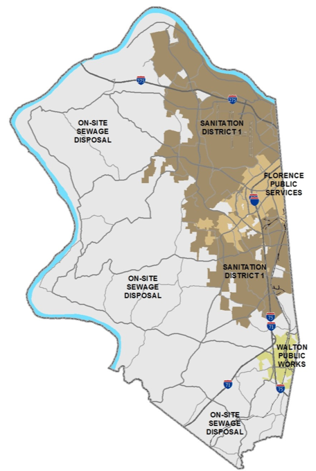 Map of Boone County showing Sewer District 1 and other sewage disposal options. To the west and southern portions of the county the majority is on-site sewage disposal. Around Florence the area is attributed to Florence Public Services, While around Walton the area is attribute to Walton Public Works