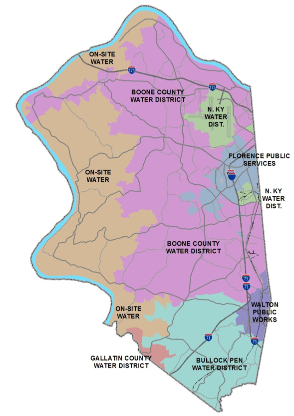 Map of Boone County showing different water districts, from north to south and east to west: on-site water, Boone County Water District, N. Ky Water District, On-Site Water, Florence Public Services, N. Ky Water District, Boone County Water District, On-site water Walton Public Works, Bullock Pen Water District, Gallatin County Water District. 