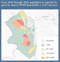 From 2010 through 2040, population is expected to grow by almost 50,000 households, a 111% increase. A map of Boone County showing expected increases in population. The areas to the west and southern portions of the county expect between 1-500 households, Only regions in the central part of the county expect growth between 1001-4000 households by 2040. Eastern and northeastern portions of the county expect no growth, or very little growth