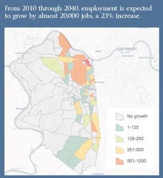 From 2010 through 2040, employment is expected to grow by almost 20,000 jobs, a 23% increase. Map of Boone County showing expected job growth. The majority of the high-growth areas are surrounding the airport and northern portion of the county. There is little to no expected growth in the western part of the state, while the majority of the eastern portions expect some growth.