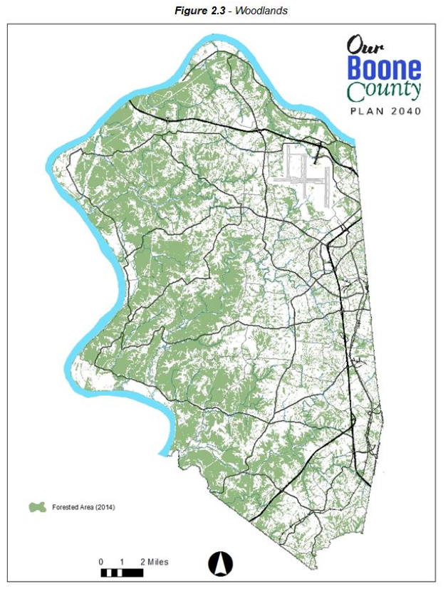 Figure 2.3 - Woodlands. Map of Boone County showing forested area as of 2014. The western half of the county contains significantly more forested area compared to the western half. The area on the western edge, as well as northern tip and southwest portion contains significantly dense portions of forested area.