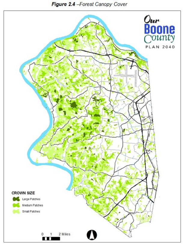 Figure 2.4 - Forest Canopy Cover. Map of Boone County showing crown size with areas indicated as large patches medium patches and small patches. The western half of the county contains significantly more patches compared to the western half. The area on the western edge, as well as northern tip and southwest portion contains significantly dense portions of small patches, with the cores of these areas containing medium patches in most cases, which follow the contours of the land. In approximately the vertically middle third and western half of the county there are some large patches, which are surrounded by tiered levels of medium and then small patches. The eastern half of the county contains almost no large patches save for some small areas near the vertically middle (but western) third and some areas more north and near the Ohio River. The eastern half of Boone County contains very small areas of small patches, where they exist, and contain even smaller areas of medium patches.