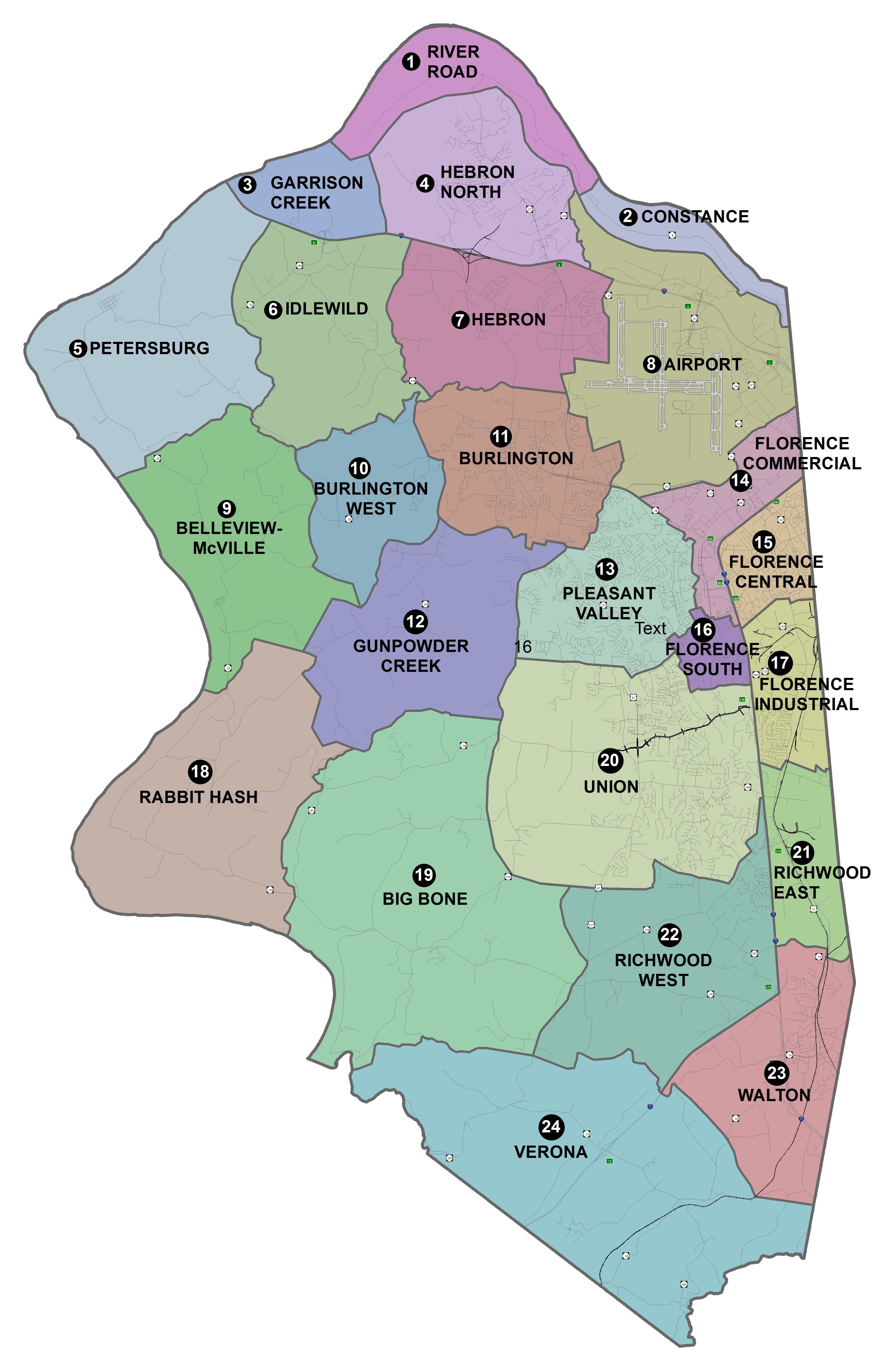 Map of Boone County future land use geographic areas. From north to south and west to east: River Road 1, Constance 2, Garrison Creek 3, Hebron North 4, Petersburg 5, Idlewild 6, Hebron 7, Airport 8, Belleview McVille 9, Burlington West 10, Burlington 11, Gunpowder Creek 12, Pleasant Valley 13, Florence Commercial 14, Florence Central 15, Florence Industrial 17, Rabbit Hash 18, Big Bone 19, Union 20, Richwood East 21, Richwood West 22, Walton 23, Verona 24