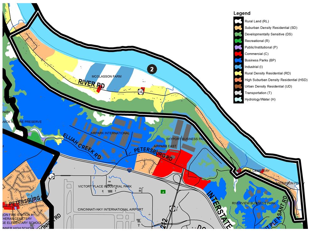Zoomed in map of River Road area, with colors indicating separate land use areas