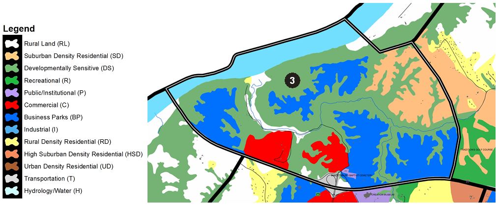 Zoomed in map of Constance area, with colors indicating separate land use areas