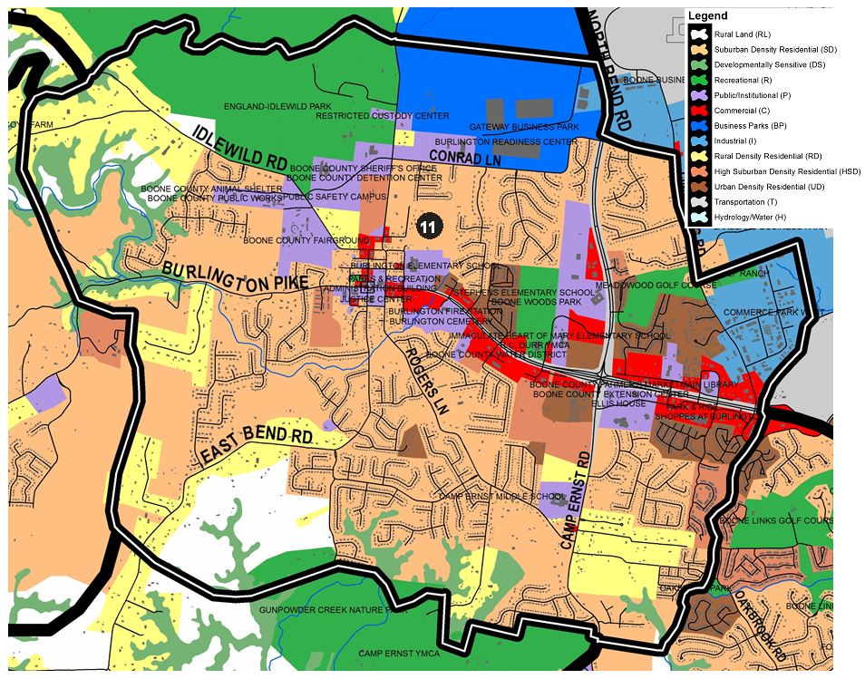 Zoomed in map of Burlington West area, with colors indicating separate land use areas