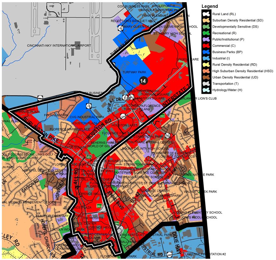 Zoomed in map of Pleasant Valley area, with colors indicating separate land use areas