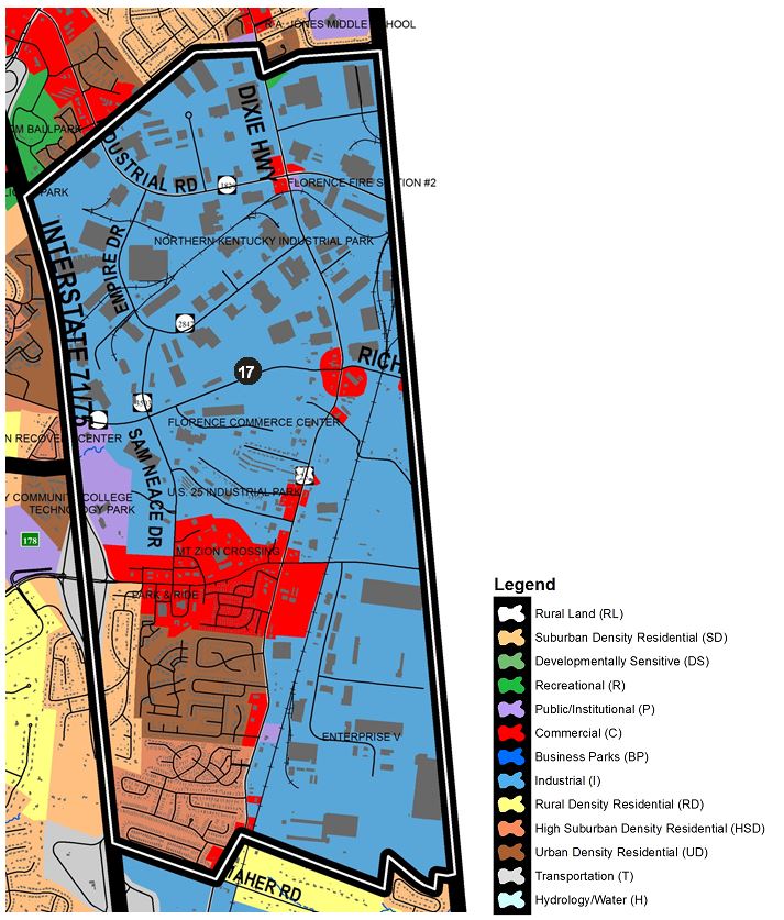 Zoomed in map of Florence South area, with colors indicating separate land use areas