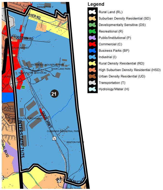 Zoomed in map of Union area, with colors indicating separate land use areas