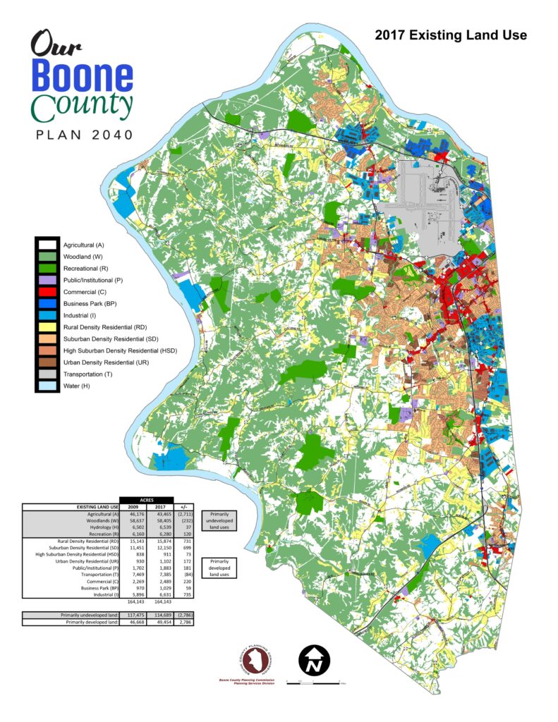Map of all of Boone County 2017 Existing Land Use. With colors indicating separate land use areas
